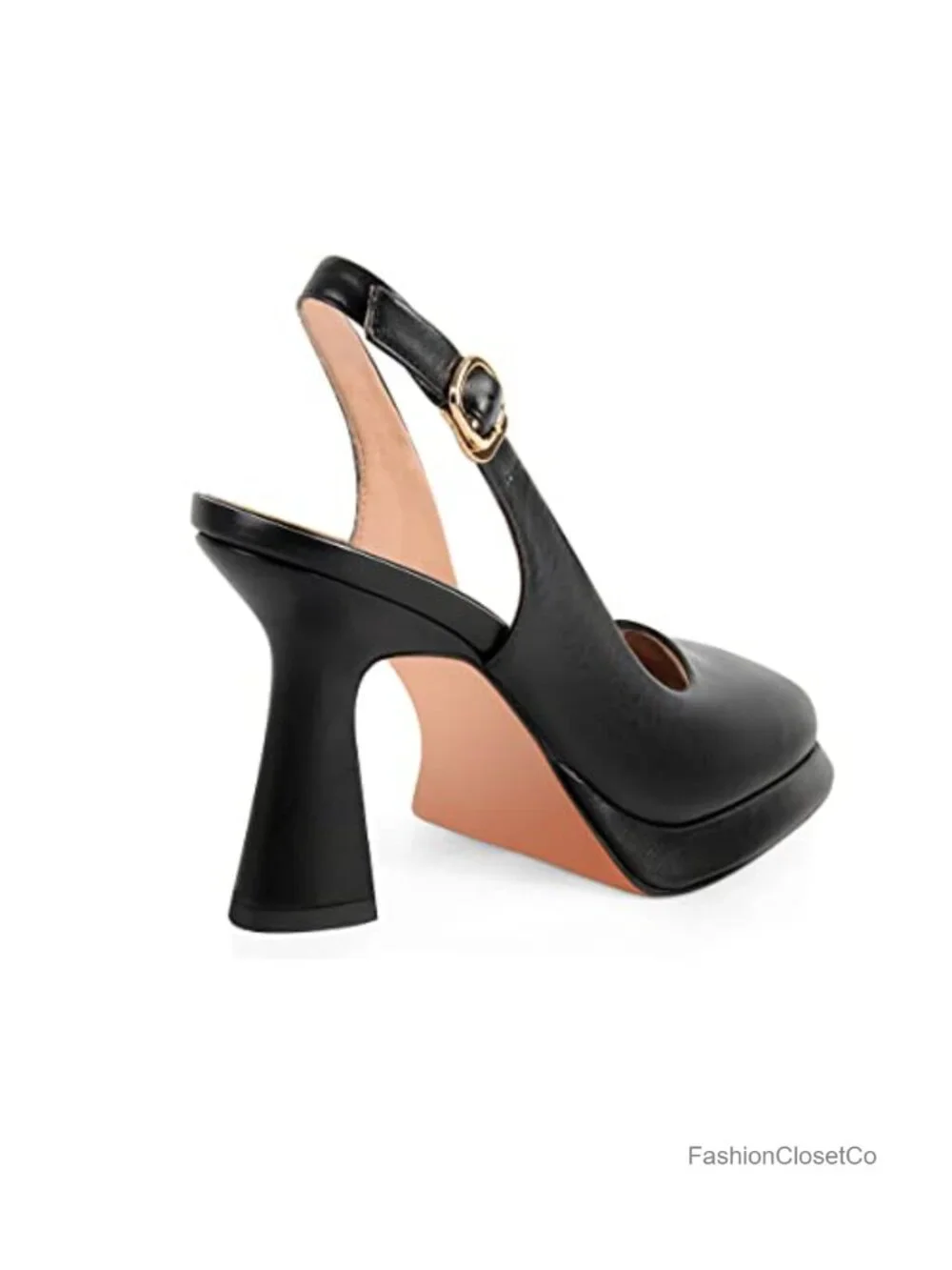 Women's Platform Slingback Heels Square Toe Chunky Pump Faux Leather